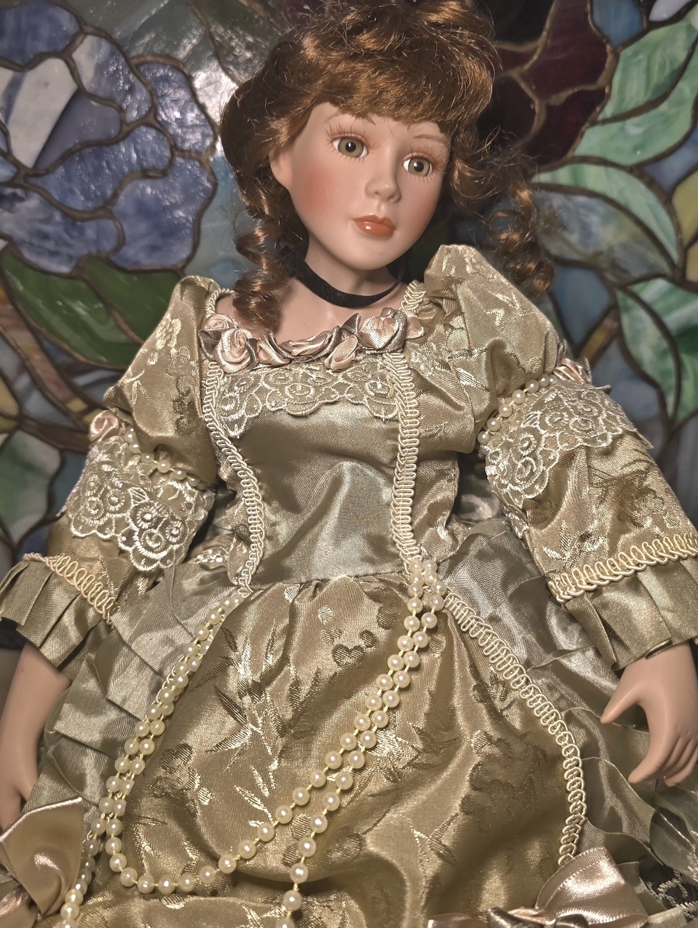 Vintage Porcelain Doll 18” Victorian Dress Lace Ruffle Green Gold Collectible